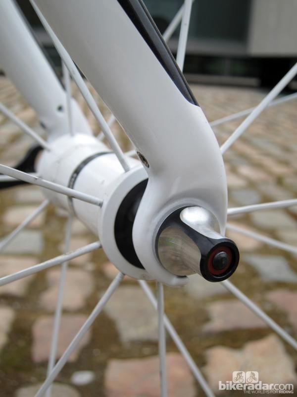 Rear-facing fork tips help maintain conventional rake and trail figures