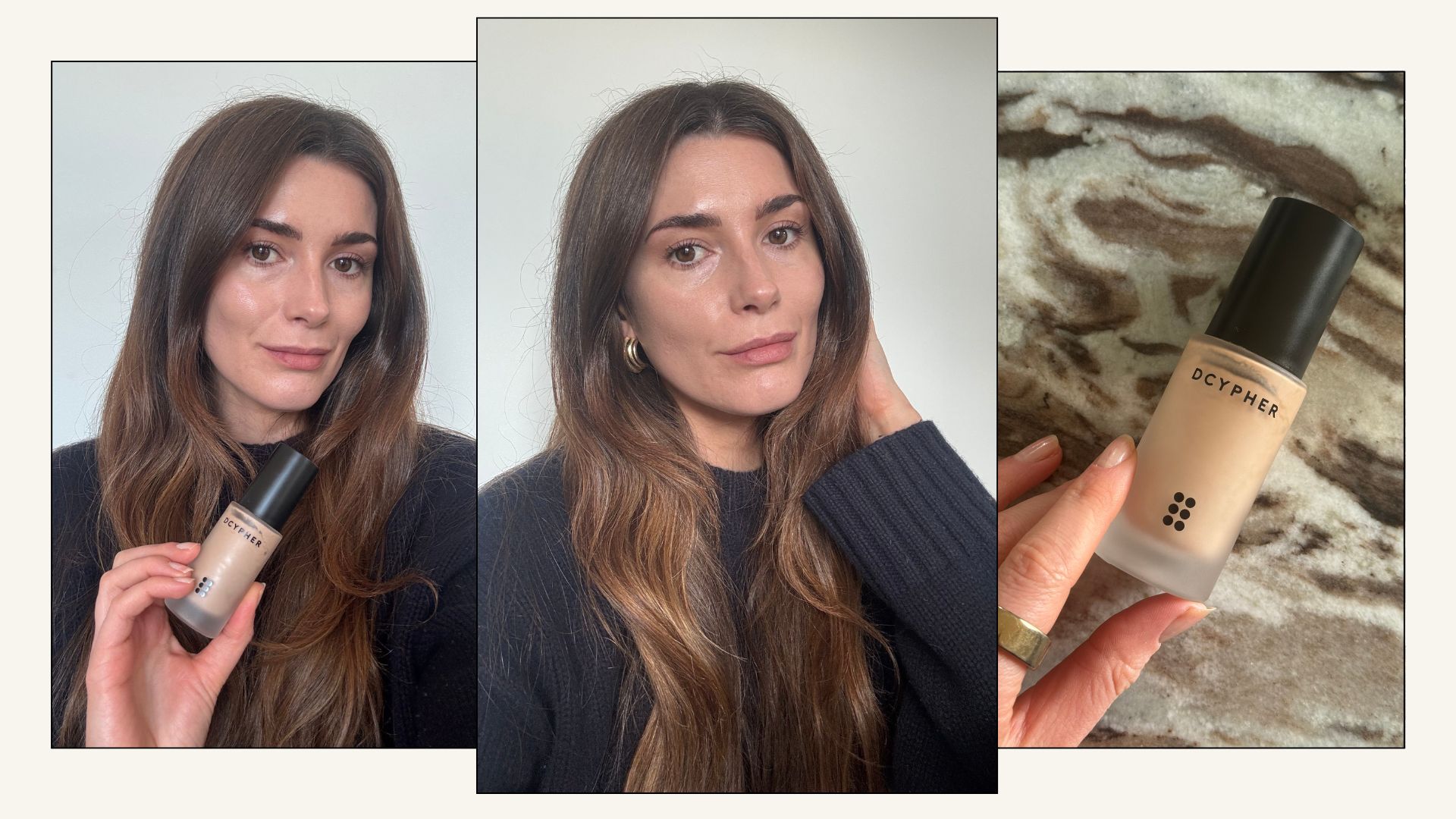 A trio of images with beauty editor Eleanor Vousden testing the Dcypher custom foundation