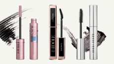Collage of three of the best waterproof mascaras featured in this guide from (left to right) Maybelline, Lancome and Bobbi Brown, set in front of an off-white background with black swatches