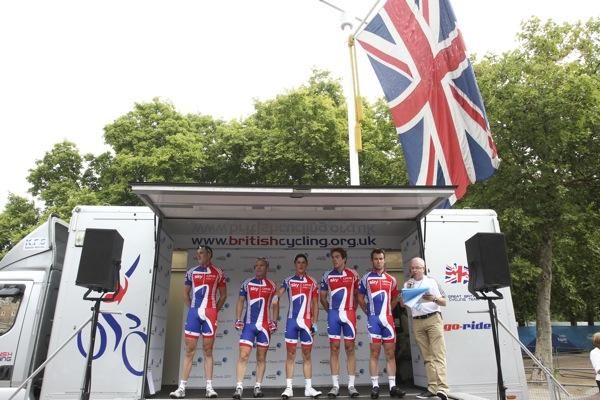The GB team are presented before the race - Ian Stannard, Roger Hammond, Peter Kennaugh, Alex Dowsett and Mark Cavendish.
