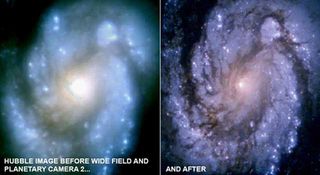 Hubble's view of the M100 galaxy before (left) and after (right) the installation of WFPC2.