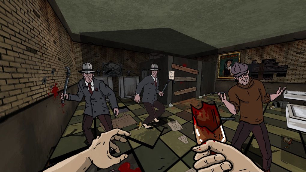 First-person view showing our character holding a broken glass bottle against three enemies,