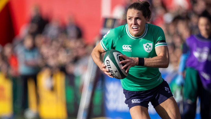 Beibhinn Parsons #11 of Ireland races away with a rugby ball during the Ireland V Wales, Women's Six Nations Rugby match in 2024