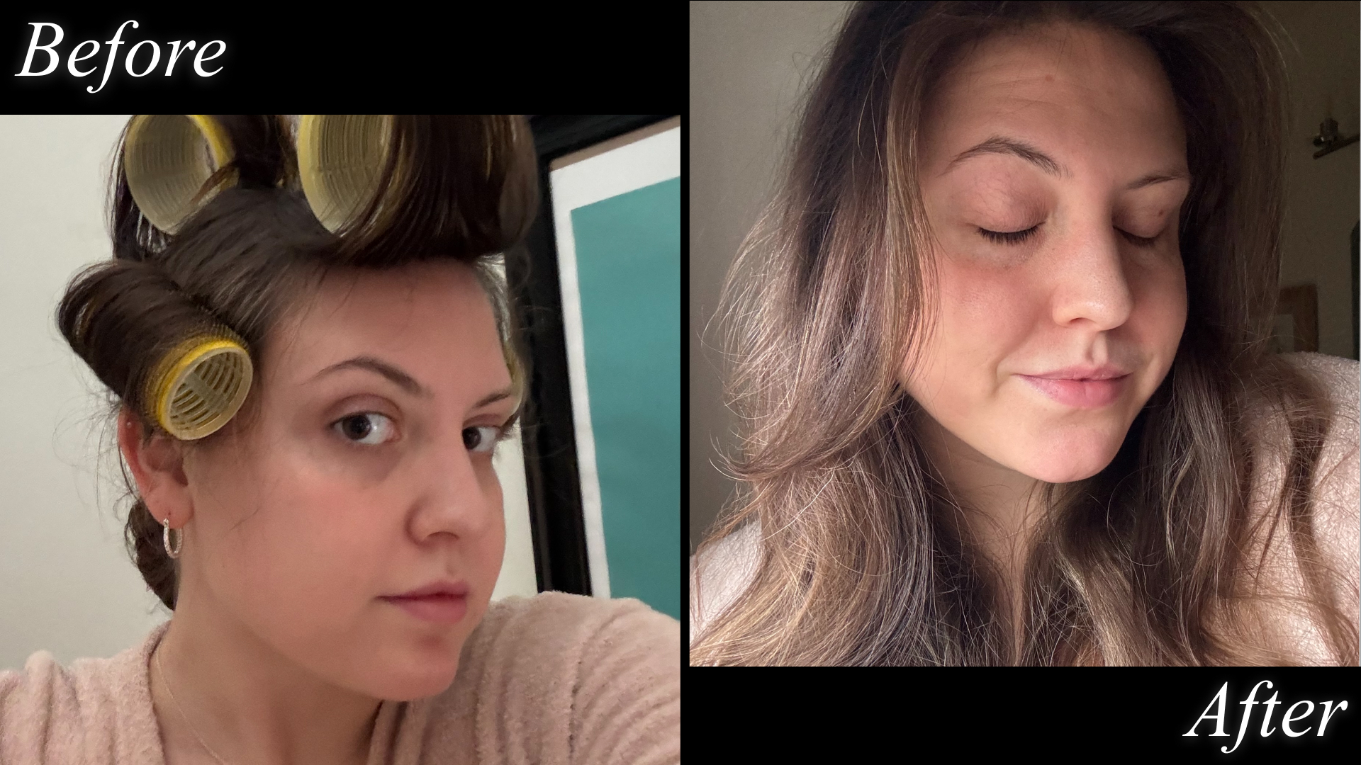 Sophia Vilensky before (during) and after testing one of the best heatless curlers.