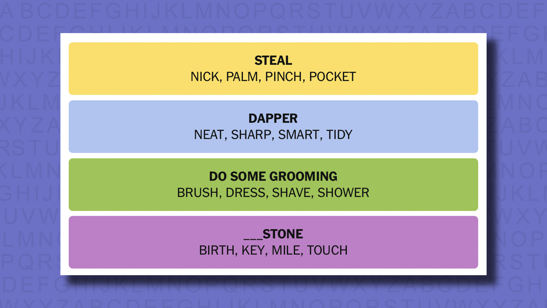 NYT Connections answers for game 751 on a purple background