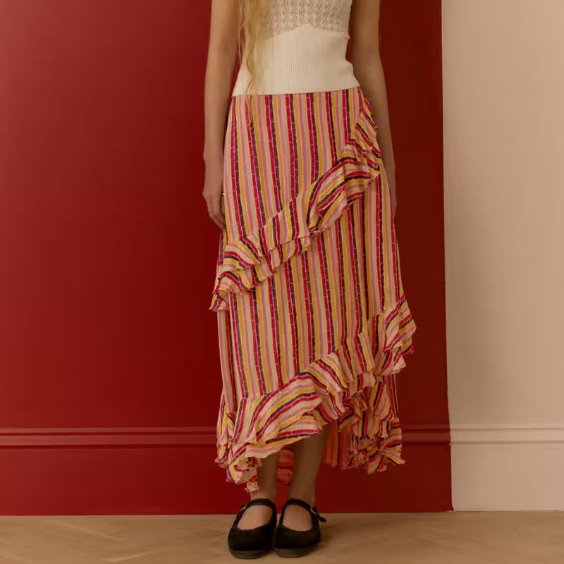 The Broken Stripe Wrap Skirt on model 