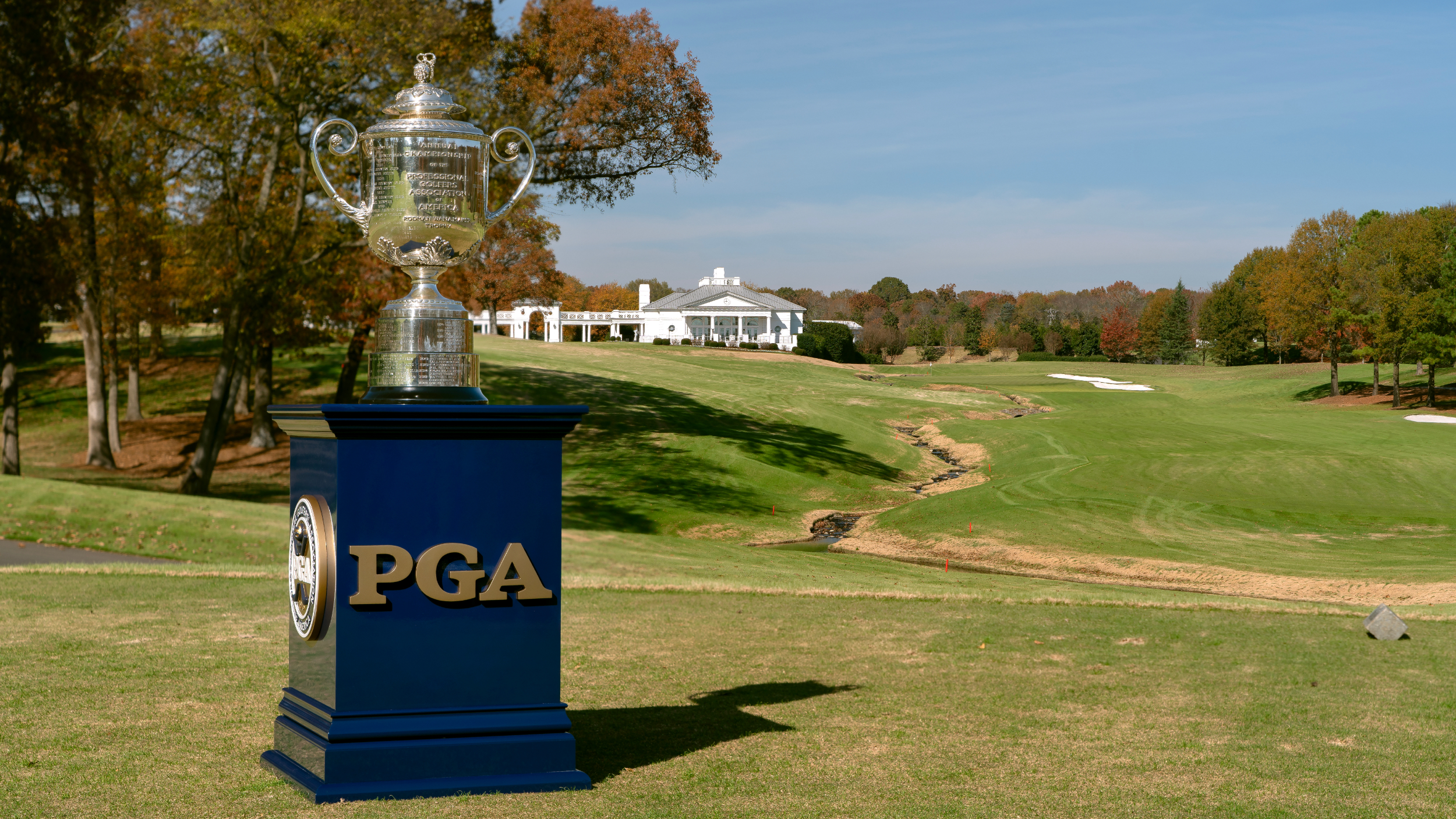 The Wanamaker Trophy on the 18th at Quail Hollow