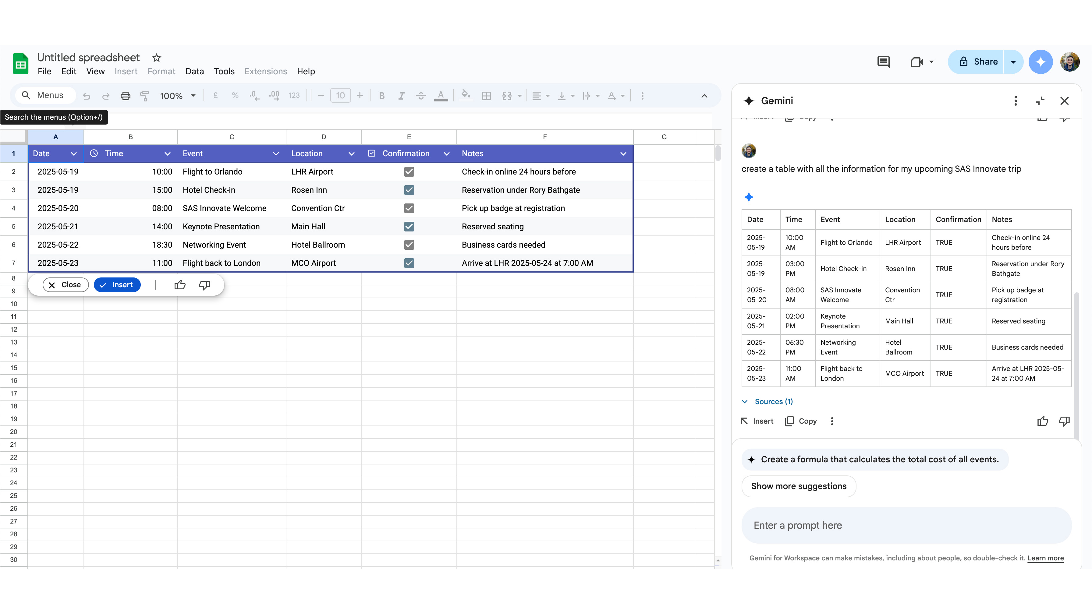 A screenshot of Google Gemini in Google Sheets