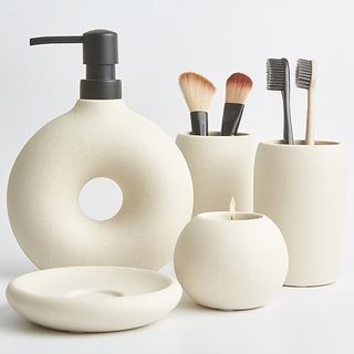 Terramoza Ceramic Bathroom Accessory Set, 5 Pcs - Includes Soap Dispenser, Toothbrush Cup, Toothbrush Holder, Soap Dish & Candle Holder - Beige, Matte Glaze - Aesthetic Bathroom Decor