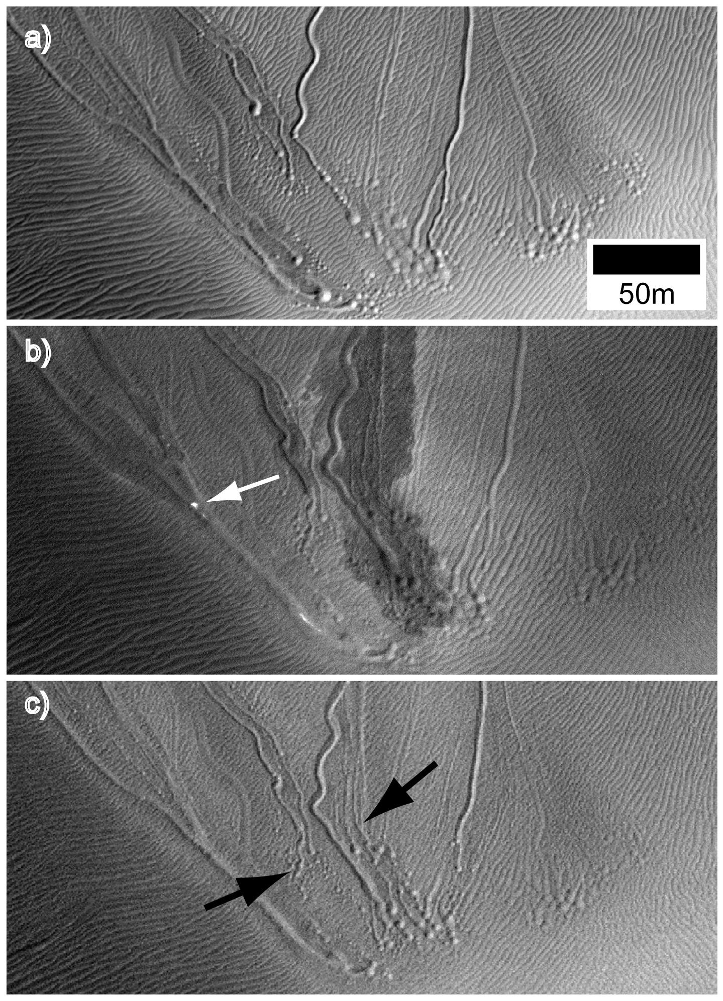 These images from NASA's Mars Reconnaissance Orbiter show linear gullies on a dune in Matara Crater at different times of year. The top image is from Mars' southern-hemisphere early summer, while the bottom two are from spring nearly two Martian years later. The white arrow in the middle image points out a bright CO2 frost block that is apparently carving out a new gully.