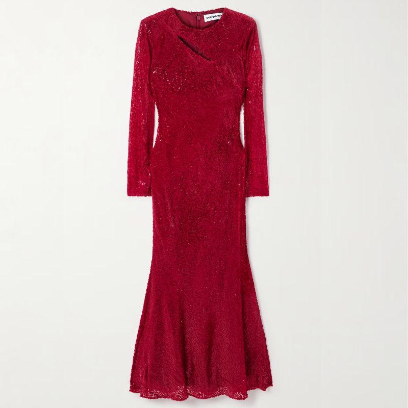red long sleeve embellished dress