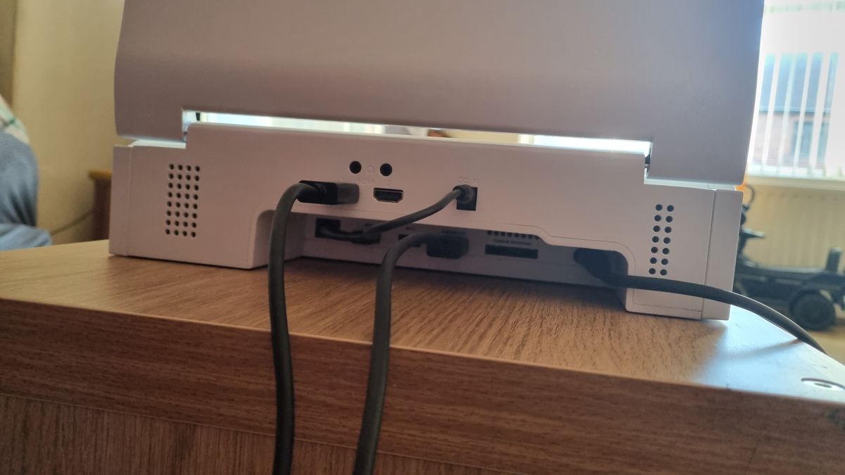 Depgi portable monitor rear, with all ports and showing connect to power.