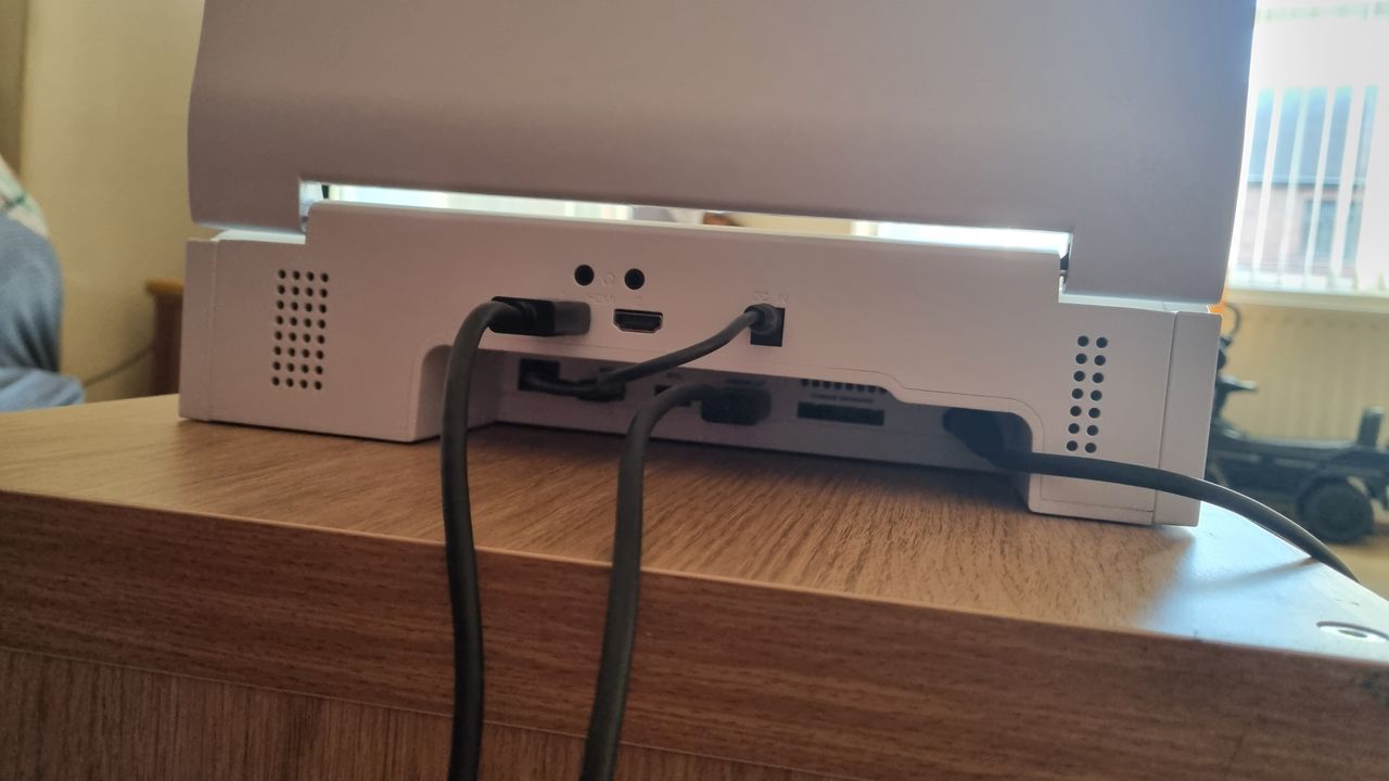 Depgi portable monitor rear, with all ports and showing connect to power.