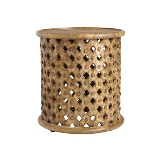 Round Aged Driftwood Carved Wood Lattice Accent Table