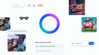 Meta's new AI app header, with a handful of AI generated images, AI prompts, and smart glasses