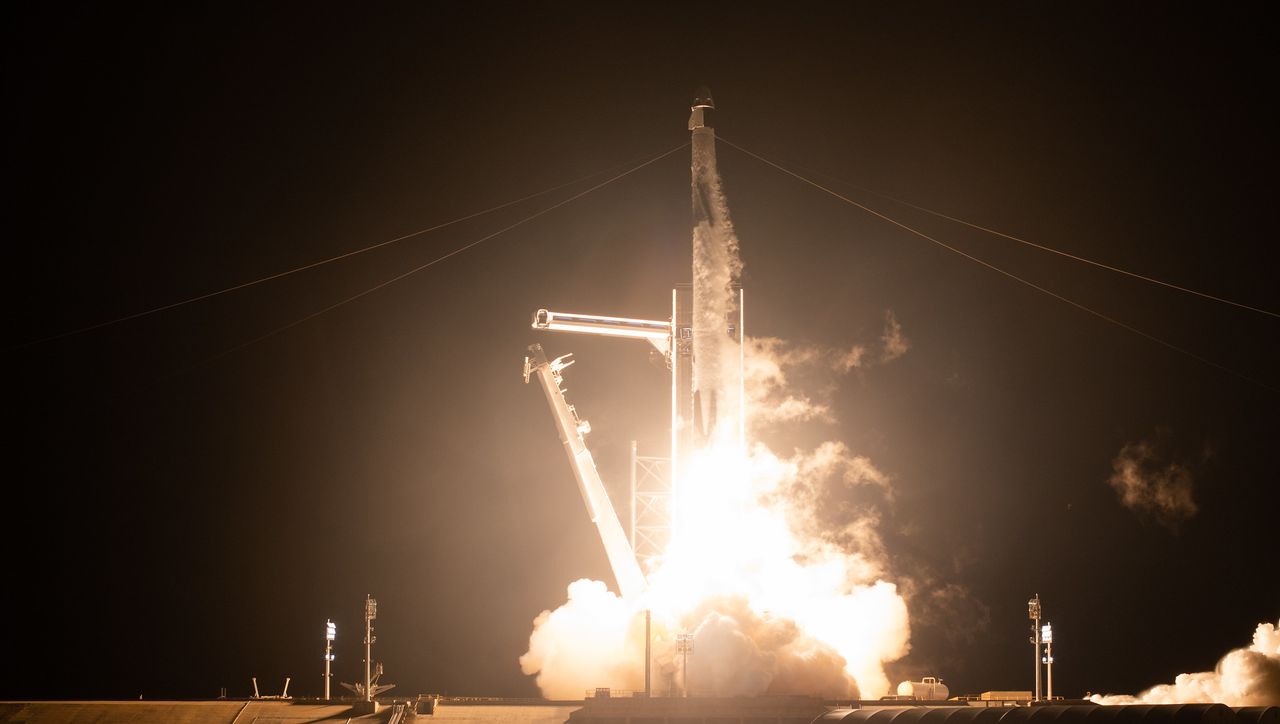 A SpaceX Falcon 9 rocket carrying the company's Crew Dragon spacecraft is launched on NASA&rsquo;s SpaceX Crew-1 mission to the International Space Station with NASA astronauts Mike Hopkins, Victor Glover, Shannon Walker, and Japan Aerospace Exploration Agency astronaut Soichi Noguchi onboard, Sunday, Nov. 15, 2020, at NASA&rsquo;s Kennedy Space Center in Florida.