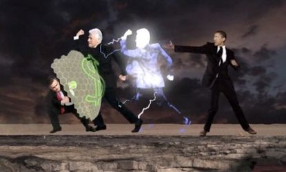 In this mock video game, President Obama uses his secret weapon, Bill Clinton, but Mitt Romney wards him off with his money shield.
