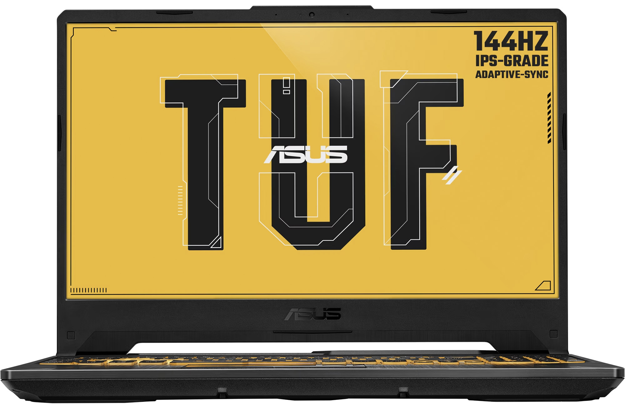 En Asus TUF Gaming A15 visas upp mot en vit bakgrund, sett framifrån.