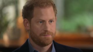 A screenshot of Prince Harry looking serious during an interview with ABC News.