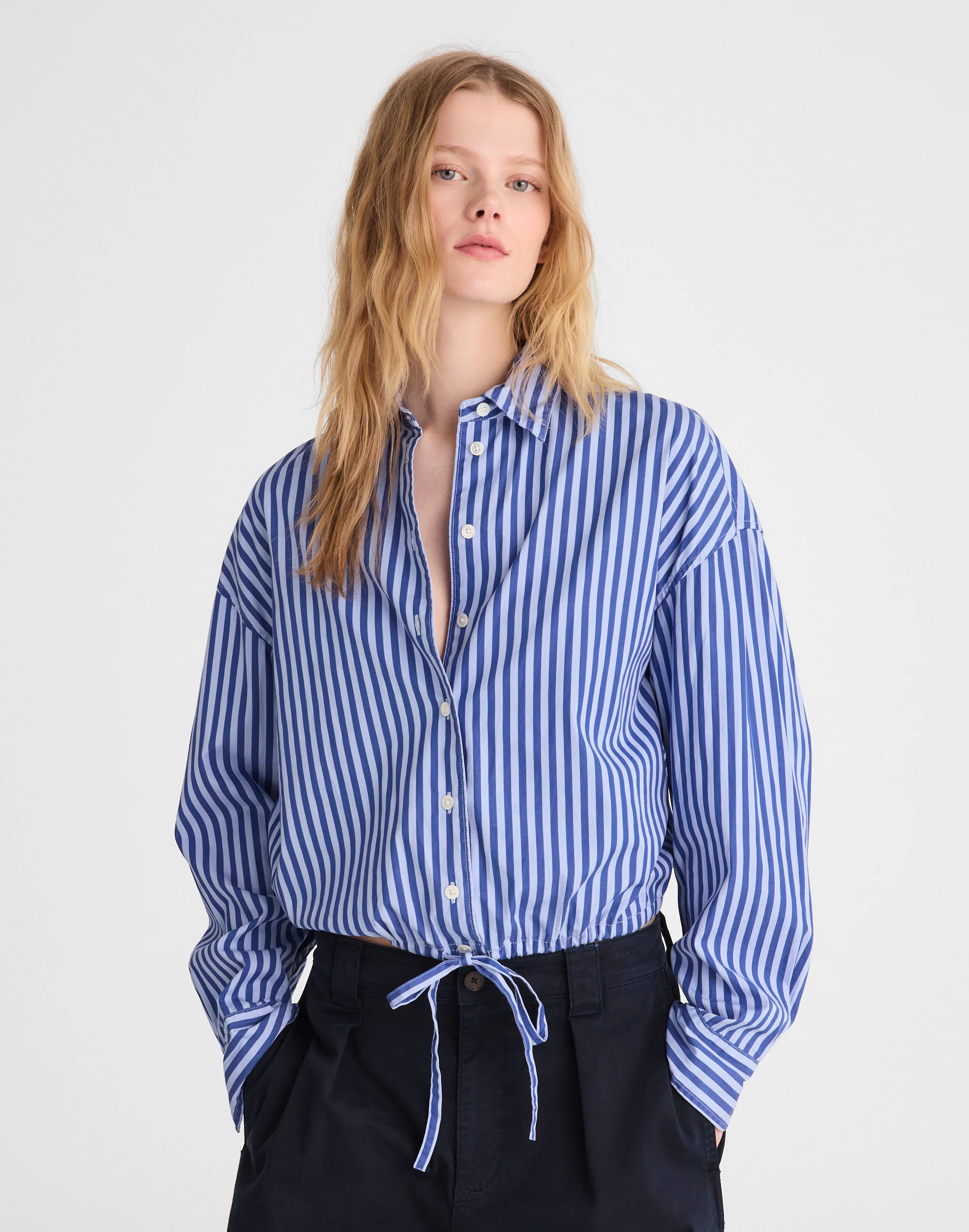 Drawstring Button-Up Shirt in Poplin
