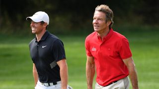 Dennis Quaid and Rory McIlroy at the 2019 Omega European Masters pro-am