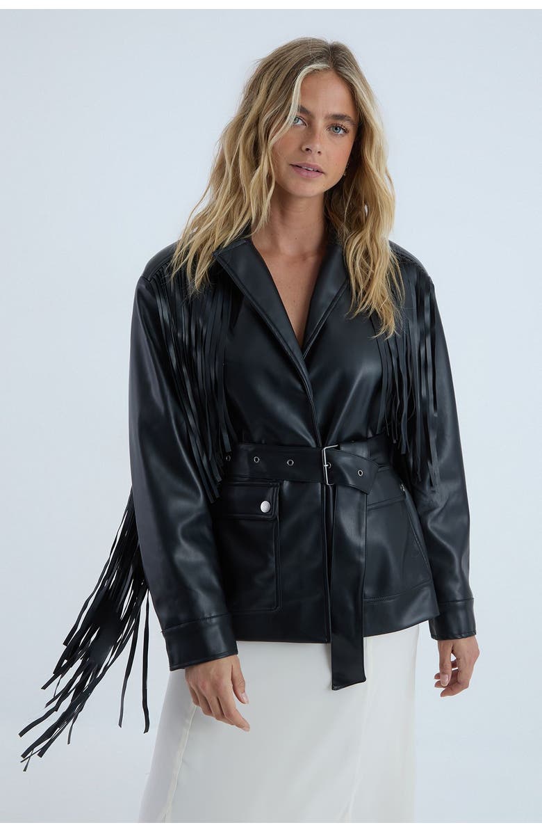 Fringe Faux Leather Belted Jacket