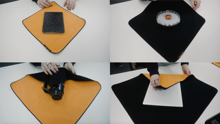 A sequence of four images showing different items—a tablet, a small container, a camera, and a laptop—being placed onto and then covered by two-toned, square, padded cloths (orange and black) designed to wrap and protect the objects.