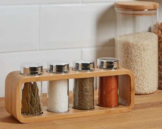 Dunelm Bamboo Spice Rack in kitchen infront of glass jar with rice inside