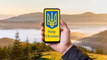 picture of a smart phone with a "help Ukraine" on the screen
