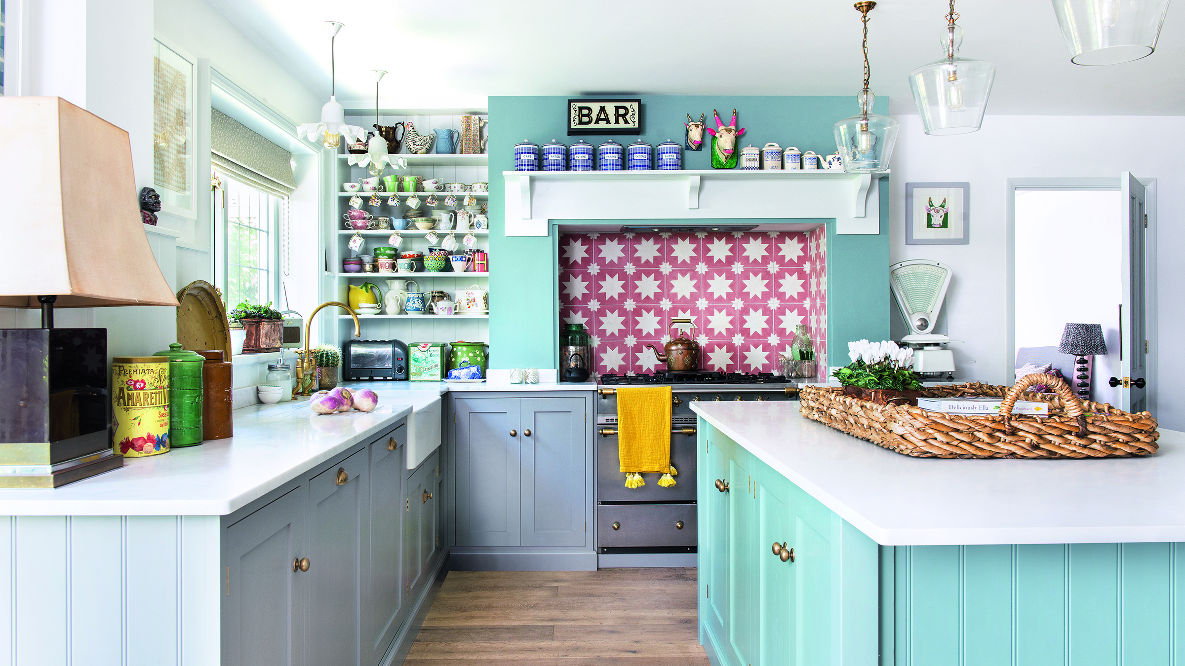kitchen with island in blue and grey