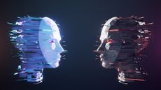 An illustration of two faces wearing masks looking at each other in front of a blue background. The mask on the left is white with purple eyes while the one on the right is black with red eyes.