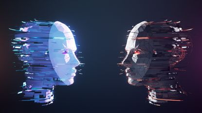 An illustration of two faces wearing masks looking at each other in front of a blue background. The mask on the left is white with purple eyes while the one on the right is black with red eyes.