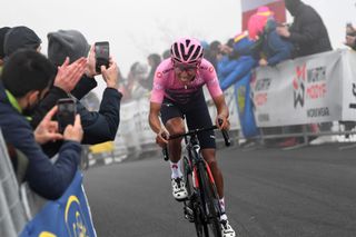 MONTE ZONCOLAN ITALY MAY 22 Egan Arley Bernal Gomez of Colombia and Team INEOS Grenadiers Pink Leader Jersey at Monte Zoncolan 1730m during the 104th Giro dItalia 2021 Stage 14 a 205km stage from Cittadella to Monte Zoncolan 1730m Fog UCIworldtour girodiitalia Giro on May 22 2021 in Monte Zoncolan Italy Photo by Tim de WaeleGetty Images