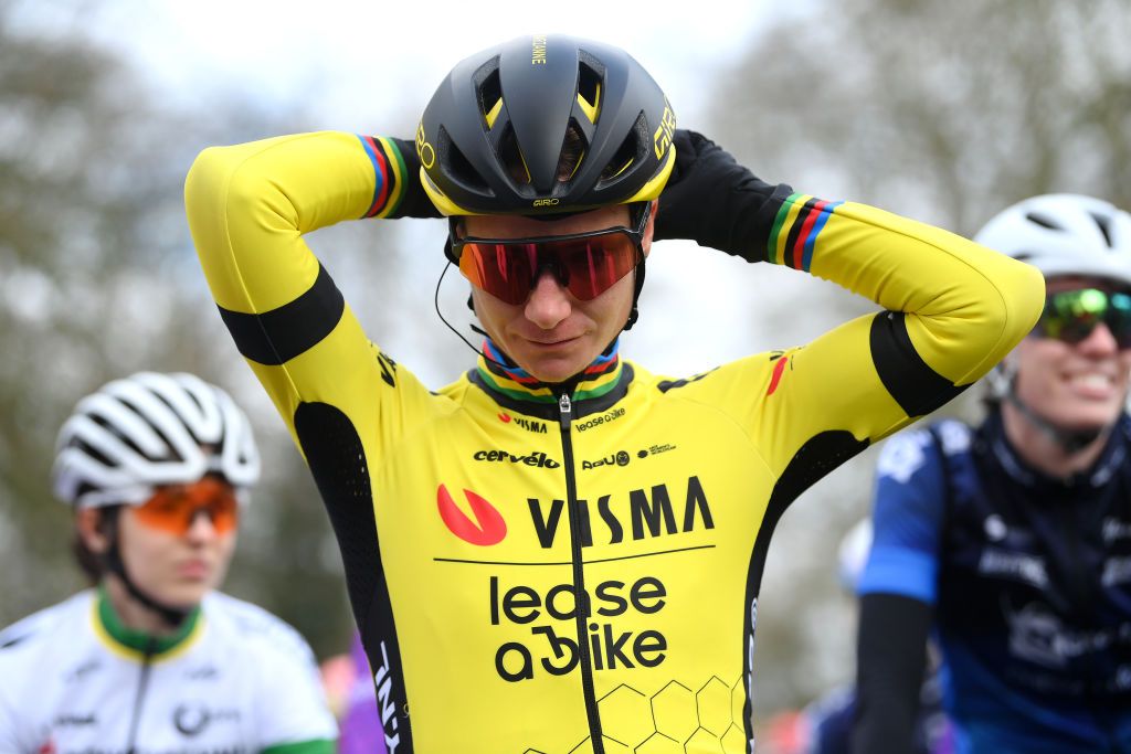 Marianne Vos at the start of Omloop Het Nieuwsblad, which she won on her race debut