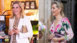 Composite of Duchess Sophie holding a clutch at Stable and Wick Bakery and Farm Shop and at a a service celebrating the 75th Anniversary of the NHS