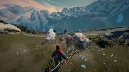 Screenshots of the game Herdling. A small shepherd in a red hooded jumper accompanies fluffy, fantastical horned creatures across a beautiful natural landscape.
