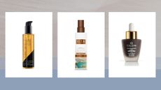 Collage of fake tans from (L-R) St Tropez, Vita Liberata and Collistar set against a grey and blue watercolour-style background