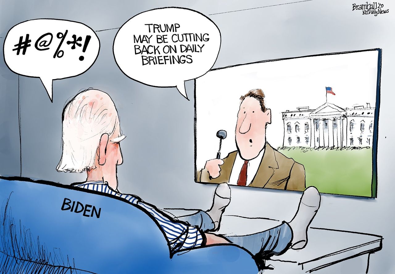 Political Cartoon U.S. Trump cuts on daily briefing Biden 2020 election