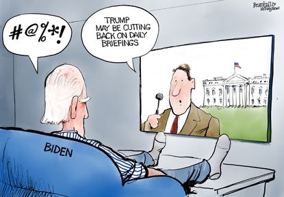Political Cartoon U.S. Trump cuts on daily briefing Biden 2020 election