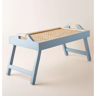 blue standing breakfast tray with wooden rattan detail