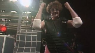 Kristi Kropp celebrates after a round of Assault in American Gladiators S3 E1.