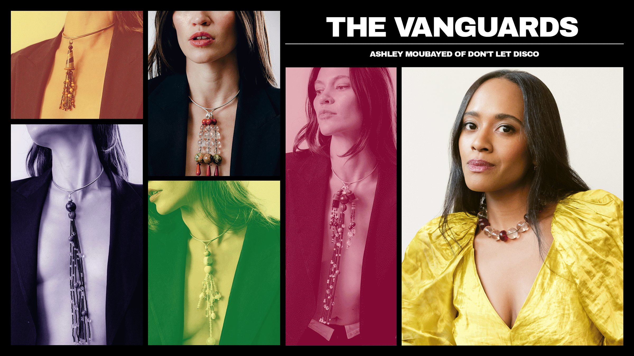 Marie Claire&#039;s Vanguards franchise graphic featuring images of Don&#039;t Let Disco beaded necklaces and founder Ashley Moubayed