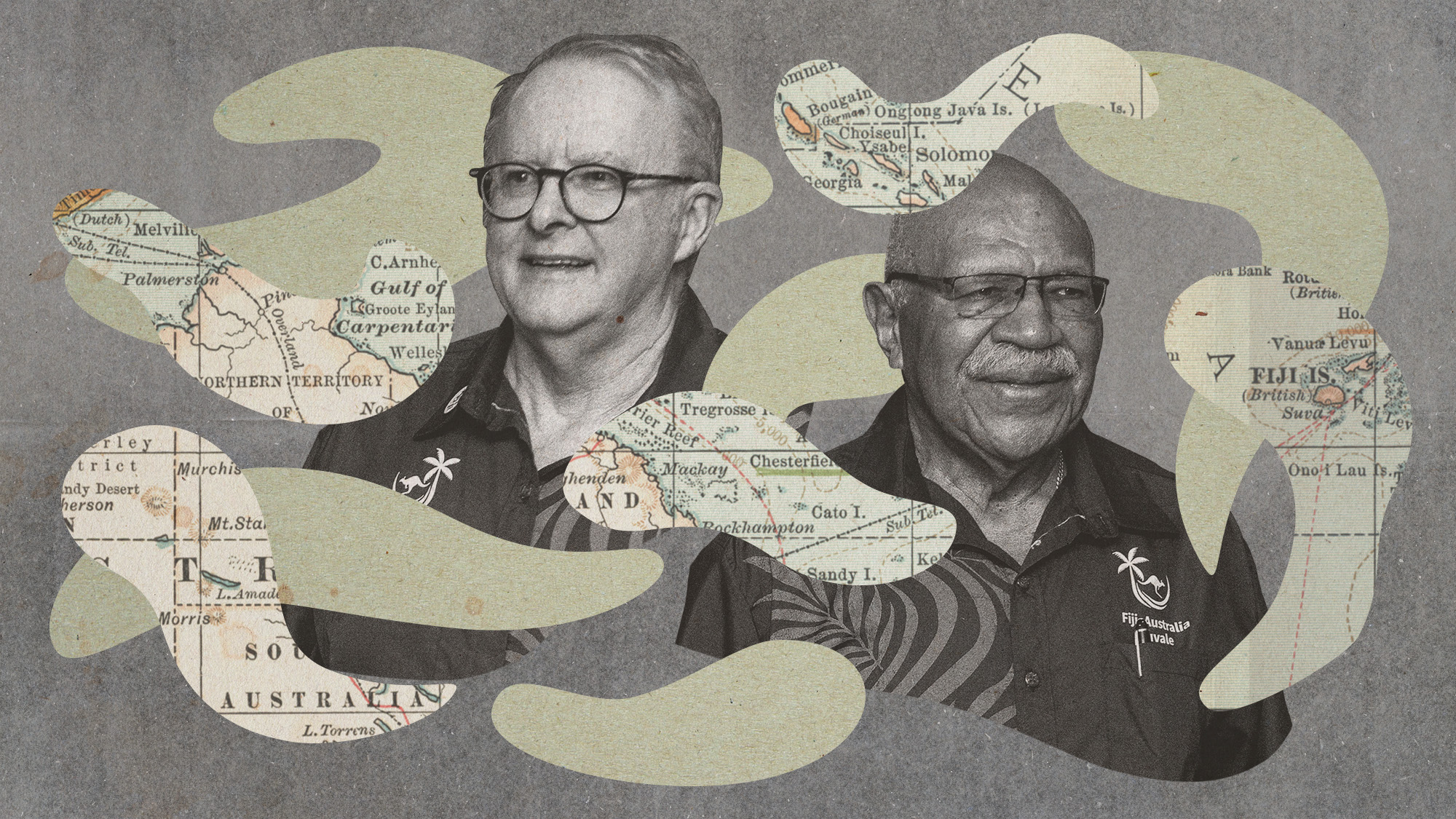 Photo collage of Anthony Albanese and Sitiveni Rabuka, surrounded by fragments of a map of Oceania