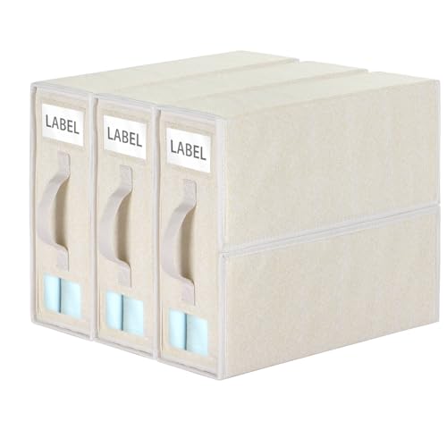Syeeiex Bed Sheet Organiser Storage 3 Pack, Foldable Linen Wardrobe Organiser With Window and Label, Folder Bedding Storage Box With Zip for Blanket, Duvet Cover Set, Bed Sheet Set - Natural