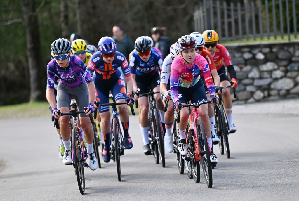 CITTIGLIO ITALY MARCH 16 LR Ella Wyllie of New Zealand and Team Liv AlUla Jayco Neve Bradbury of Australia and Team CANYONSRAM zondacrypto compete during the 26th Trofeo Alfredo BindaComune di Cittiglio 2025 Womens Elite a 152km one day race from Luino to Cittiglio UCIWWT on March 16 2025 in Cittiglio Italy Photo by Luc ClaessenGetty Images