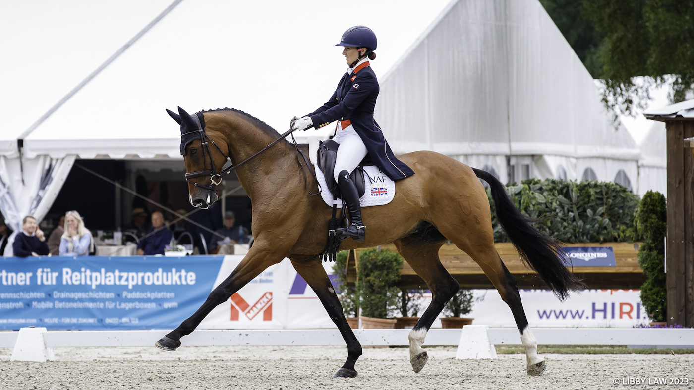 Luhm&amp;uuml;hlen Horse Trials: GBR-Laura Collett rides London 52 during the 2nd Day of Dressage for the CCI5*-L. Interim-1st. 2023 GER-Longines Luhmuehlen Horse Trials. Luhmuehlen, Germany. Friday 16 June 2023. Copyright Photo: Libby Law Photography