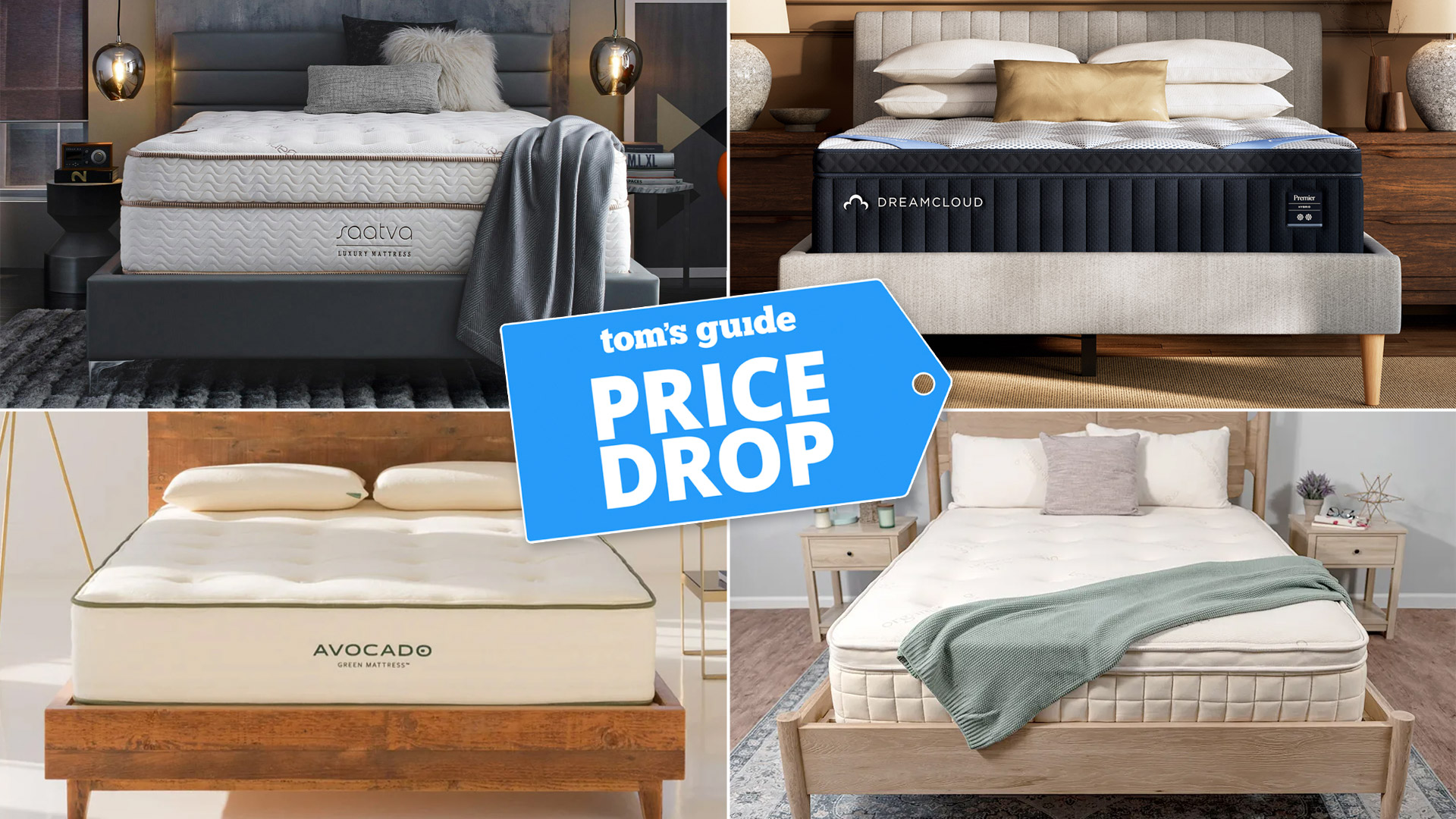 Composite image of the Saatva Classic, DreamCloud Premier Hybrid, Avocado Green and Naturepedic Concerto mattresses, with a Tom&#039;s Guide badge overlaid saying &quot;PRICE DROP&quot;