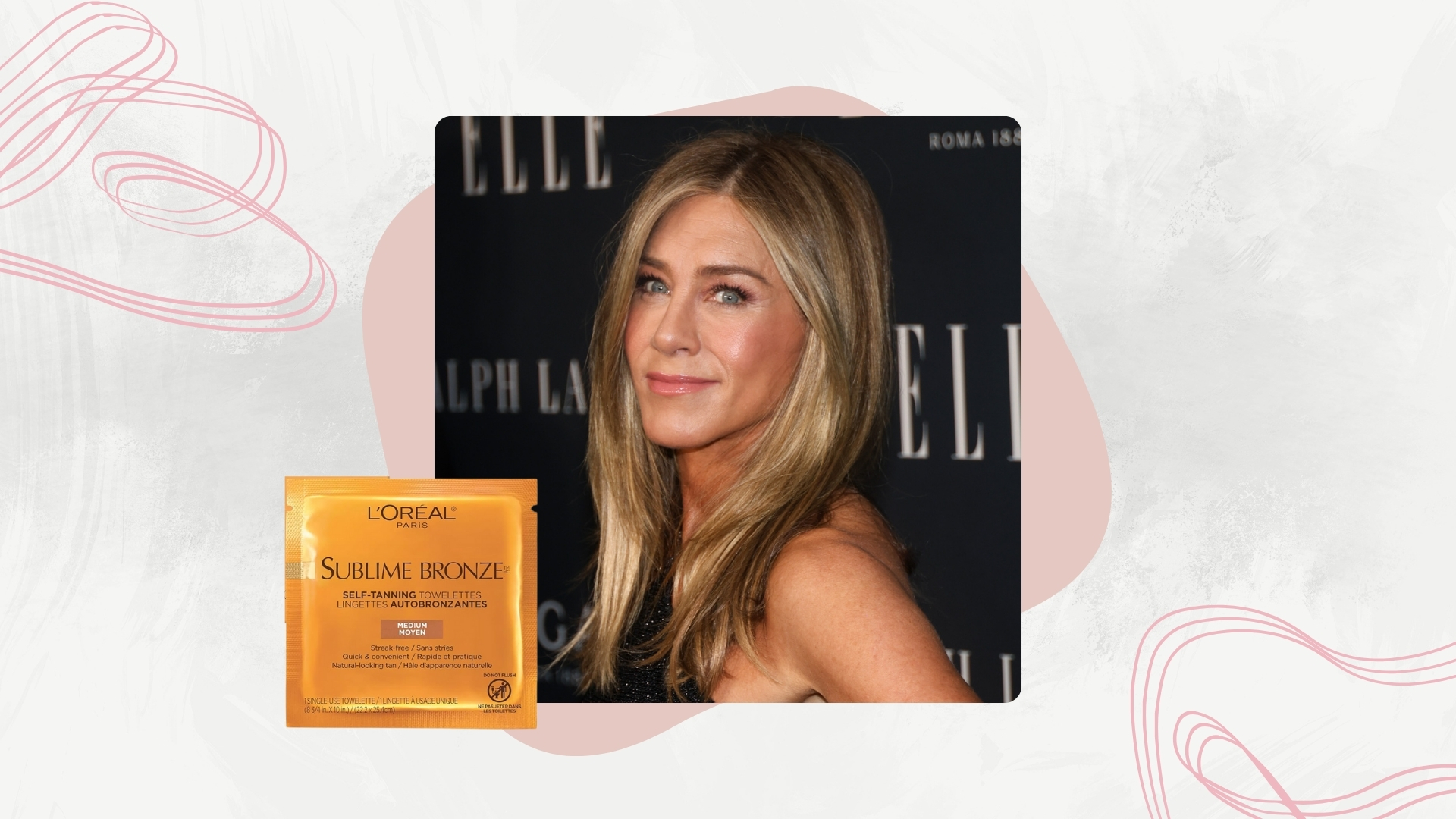 Image of Jennifer Aniston, with blonde straight hair, looking over her shoulder and smiling, on a white marble background with pink motifs and swirls, and L'Oreal's Sublime Bronze Towelette