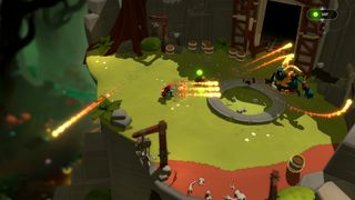 A mage shooting fireballs at a goblin in a grassy, open arena in Mages of Mystralia