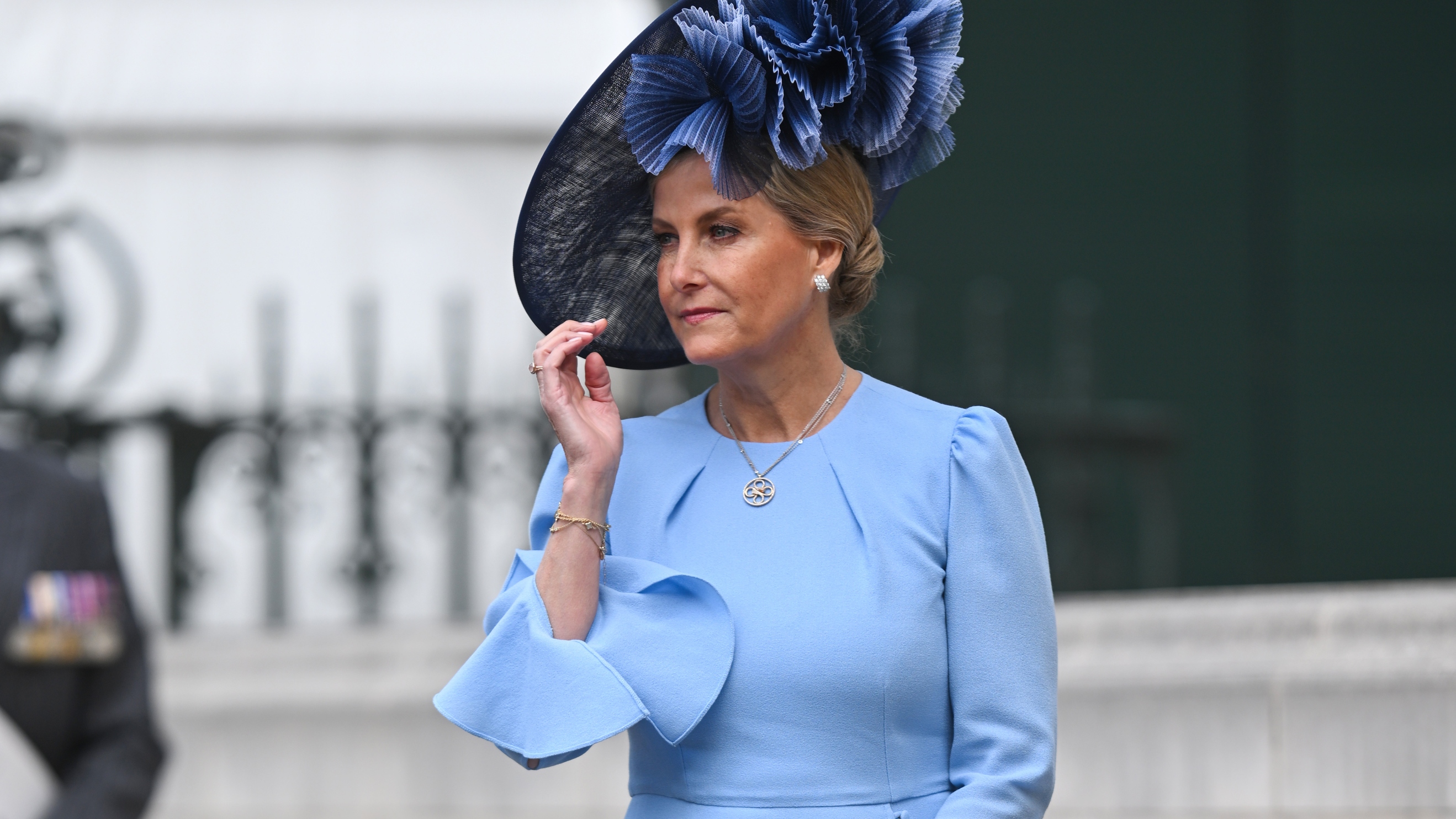 Sophie, Duchess of Edinburgh departs from the thanksgiving service to mark The 80th anniversary of VE Day at Westminster Abbey on May 08, 2025